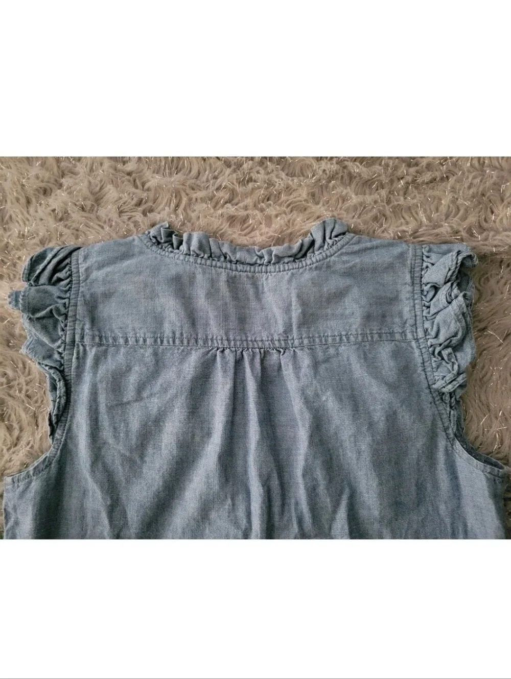 J Crew Blue Chambray Sleeveless Ruffle Top Boho Festival Preppy Quiet Luxury S